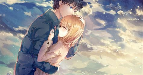 Download 1080x1920 Anime Couple Hug Romance Clouds Scenic