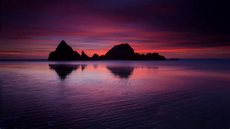 Usa California Ocean Beach Rock Mountains Evening Twilight Crimson