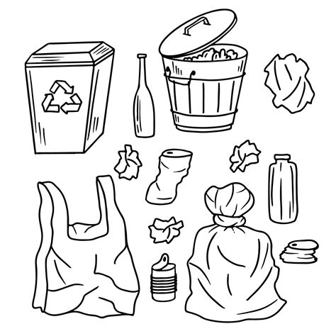 Trash Can And Garbage In Hand Drawn Doodle Style Vector Illustration
