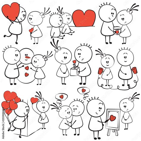 Collection Cartoon Figure Lovers In Different Poses With Red Heart
