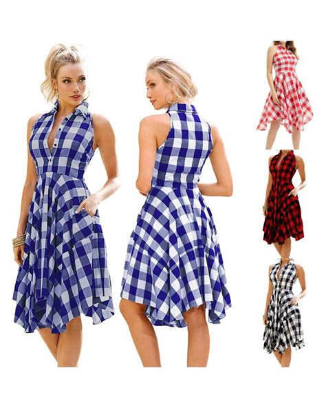 women sleeveless plaid dress