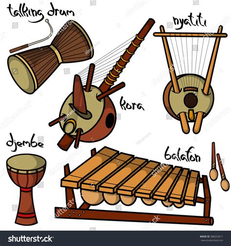 Set Of Hand Drawn Traditional African Musical Instruments Kora