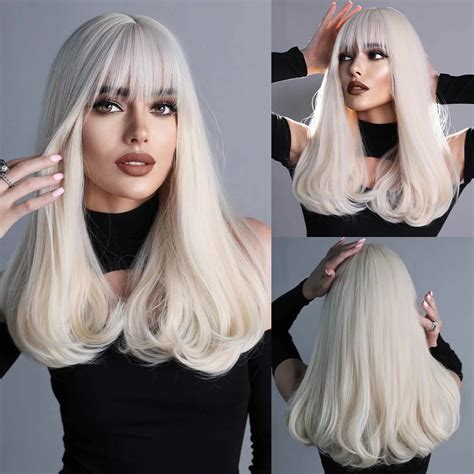 7jhhwigs Platinum Blonde Wig With Bangs For Women 613 Synthetic Hair