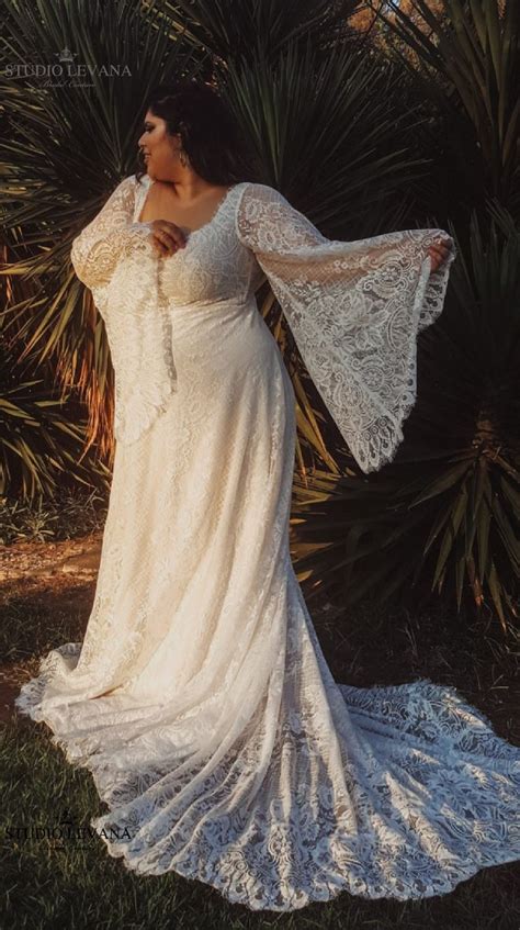 bohemian romantic blush plus size wedding dress with gorgeous bell sleeves long t… plus