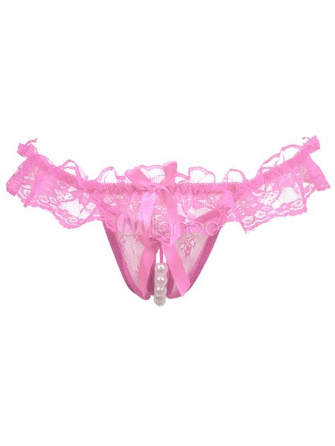 Pink Lace Panties Pearl Crotchless Panties With Bow