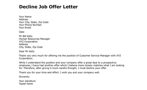 Sample Letter Decline Job Offer Database Letter Templates