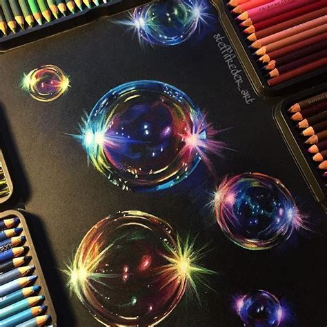 bubble drawing is finally complete ️ prismacolor soft core pencils on black strathmore paper