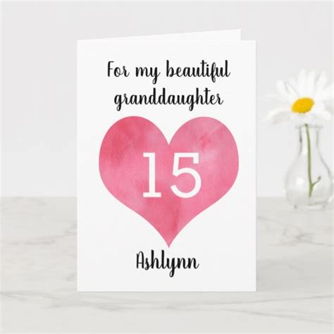 Watercolor Heart Happy 15th Birthday Granddaughter Card