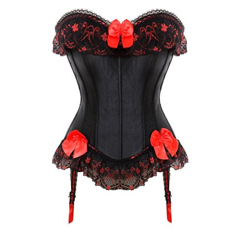 Sexy Satin Lace Overlay Overbust Corset Top Zipper Side Bowknot Decorated Clubwear Showgirl Body