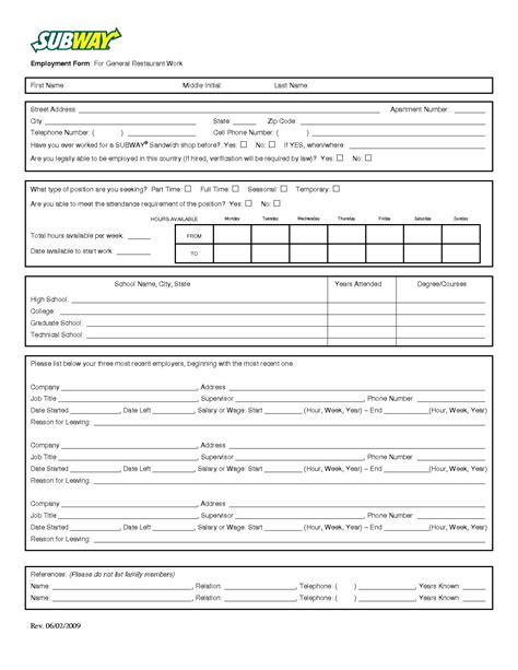 Printable Job Application Form For Subway Printable Forms Free Online