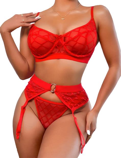 Popiv Womens Fishnet Lingerie Set 3 Piece Bra And Panty Sets With