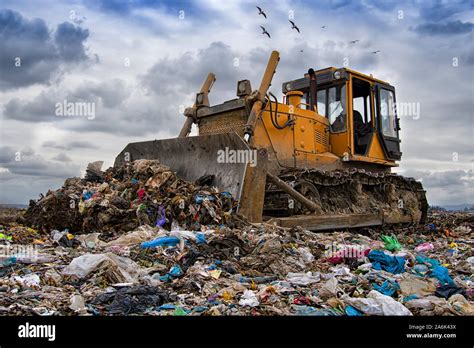Bulldozer Working On Landfill With Birds In The Sky Stock Photo Alamy