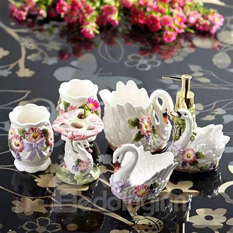 Romantic Swan Floral Ceramic 6 Piece Bathroom Accessories