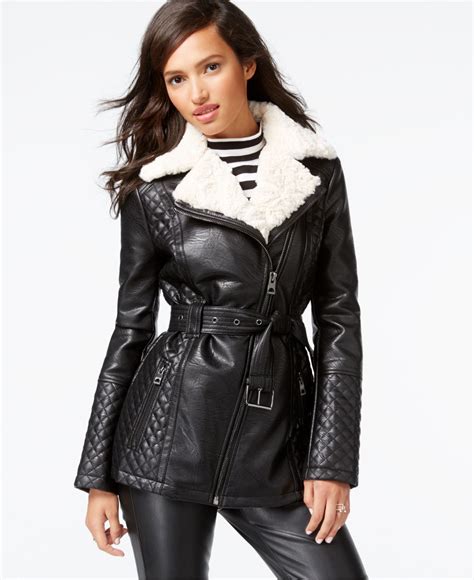 lyst guess faux fur collar quilted faux leather jacket in black