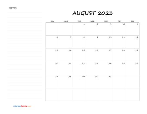 August Blank Calendar 2023 With Notes Calendar Quickly