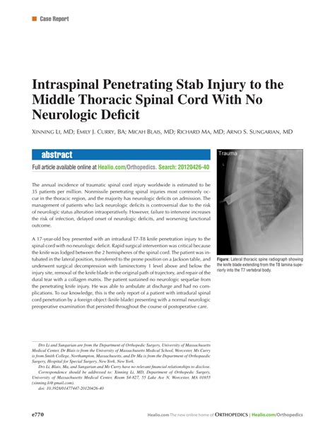 Pdf Intraspinal Penetrating Stab Injury To The Middle Thoracic Spinal