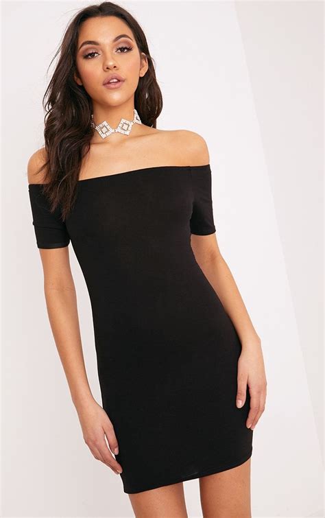 Basic Black Short Sleeve Bardot Bodycon Dress Bodycon Dress Dresses