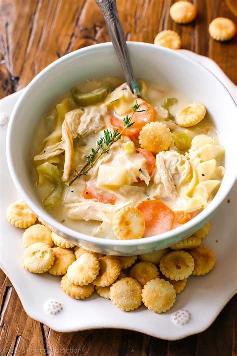 Put in baking dish with cream chicken, cream celerey soup plus peas, carrots & diced potatoes.cover & cook for 30 min 350 in oven. Lightened-Up Creamy Chicken Noodle Soup - Sallys Baking Addiction
