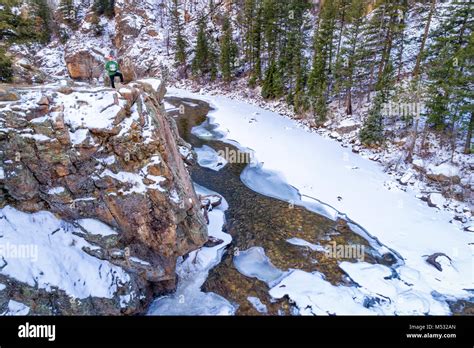 Poudre River Canyon Big Narraows In Winter Scenery Aerial View With