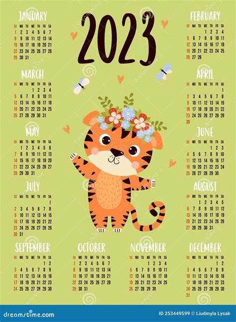 Calendario Anual Para 2023 Con Tigre Lindo Y Feliz Con Mariposas