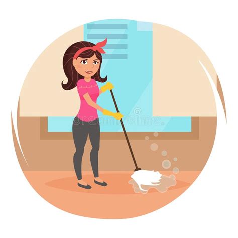 Housewife Washes The Floor Stock Vector Illustration Of Housekeeper
