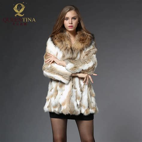 genuine rabbit fur coats with raccoon collar natural rabbit fur jacket women winter outwear real