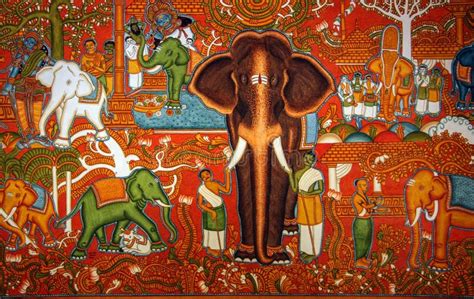 Wall Painting With Elephants In Typical Traditional Kerala Style Stock