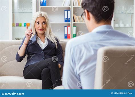 The Young Woman Visiting Psychiatrist Man Doctor For Consultation Stock Image Image Of