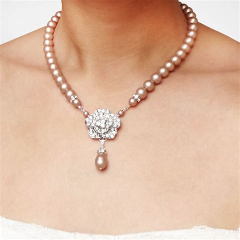 Champagne Pearl Bridal Necklace Vintage Style Rose By Luxedeluxe Rhinestone Bridal