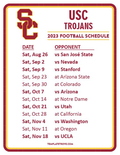 Printable 2023 Usc Trojans Football Schedule