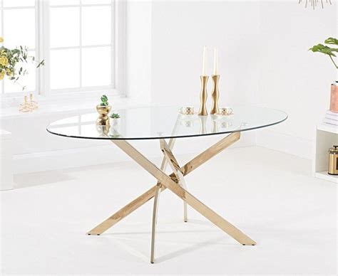 Deborah 165cm Oval Glass Gold Leg Dining Table The Dining Table Company