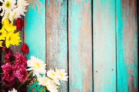 Colorful Flowers Bouquet On Vintage Wooden Background Stock Image