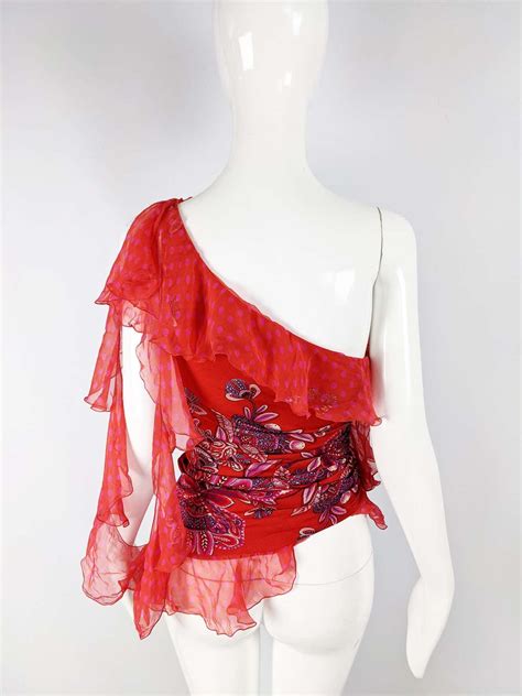 Emanuel Ungaro Vintage Red Ruched And Ruffled Silk Party Top 2000s