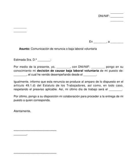 Carta De Renuncia Laboral Voluntaria Modelo Formato