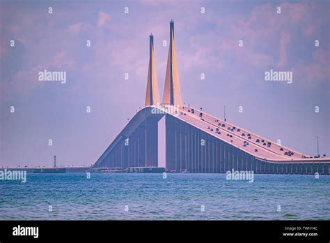 Tampa Bay Florida May Panoramic View Of The Bob Graham Sunshine Skyway Bridge Stock