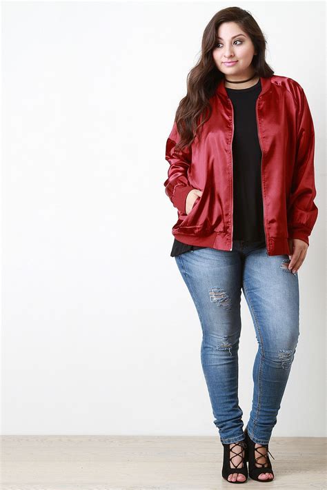 This Plus Size Bomber Jacket Features A High Shine Satin With Ribbed