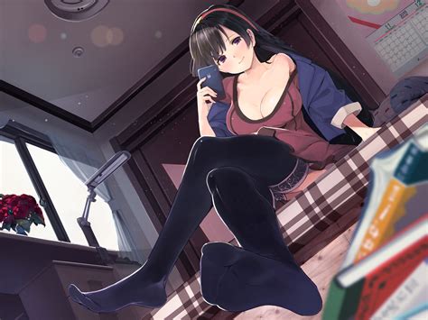 Wallpaper Model Anime Girls Thigh Highs Cleavage Original