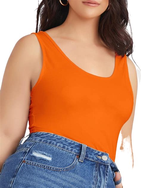 Casual Solid Scoop Neck Tank Orange Plus Size Tank Tops And Camis Womens