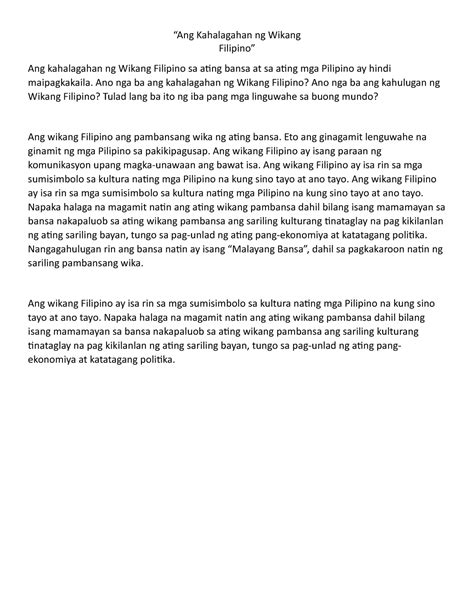 Ang Kahalagahan Ng Wikang Filipino Essay Ang Kahalagahan Ng Wikang