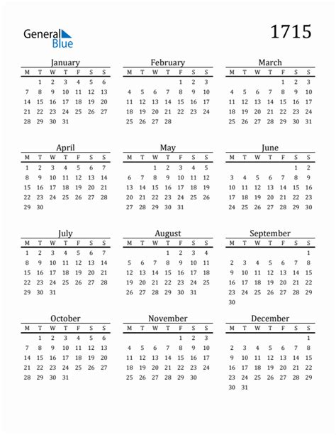 1715 Yearly Calendar Templates With Monday Start
