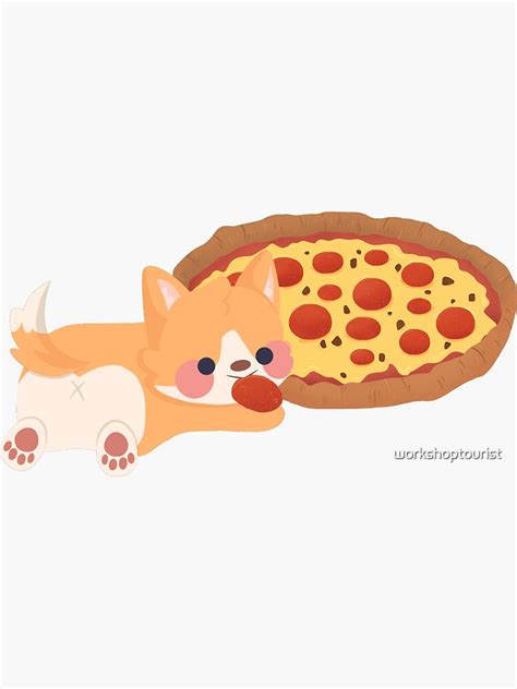 Cute Corgi Dog Puppy Eating A Pizza Drawing Sticker Cartoon Sticker