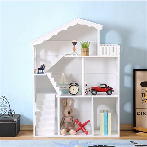 Large 3 Storey White Wooden Dollhouse And Bookcase Toy Storage Uk