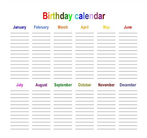 printable birthday calendar template free