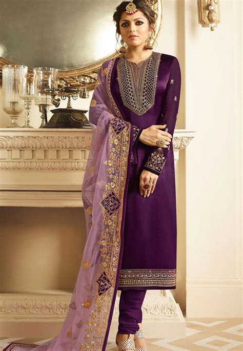 Drashti Dhami Purple Satin Georgette Embroidered Churidar Suit 3206 Bollywood Suits Bollywood