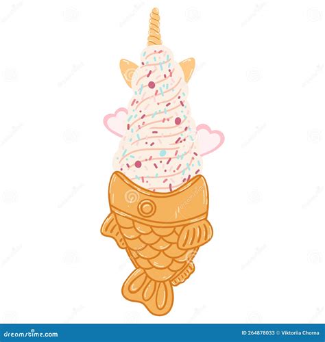 Taiyaki Fish Shaped Ice Cream Cone In Cartoon Flat Style Hand Drawn