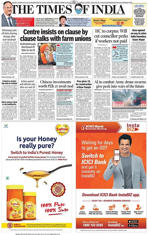 The Times Of India Delhi January 16 2021 Newspaper