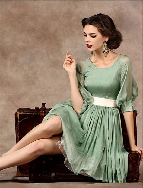 1950s Retro Style Elegant Swing Dress Vintage Green Dress Retro
