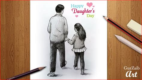 Happy Daughters Day Drawing Father And Daughter Pencil Sketch
