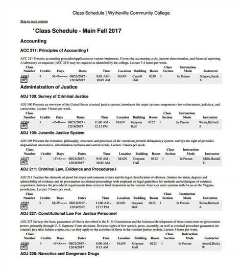 Class Schedule Template 8 Free Sample Example Format Download