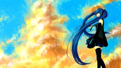 Wallpaper Ilustrasi Memalingkan Muka Rambut Panjang Gadis Anime Rambut Biru Mata Biru